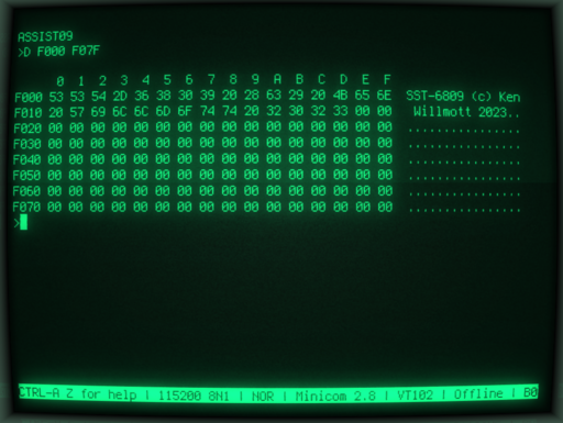 The SST-6809 running ASSIST09 over USB serial via Cool Retro Term